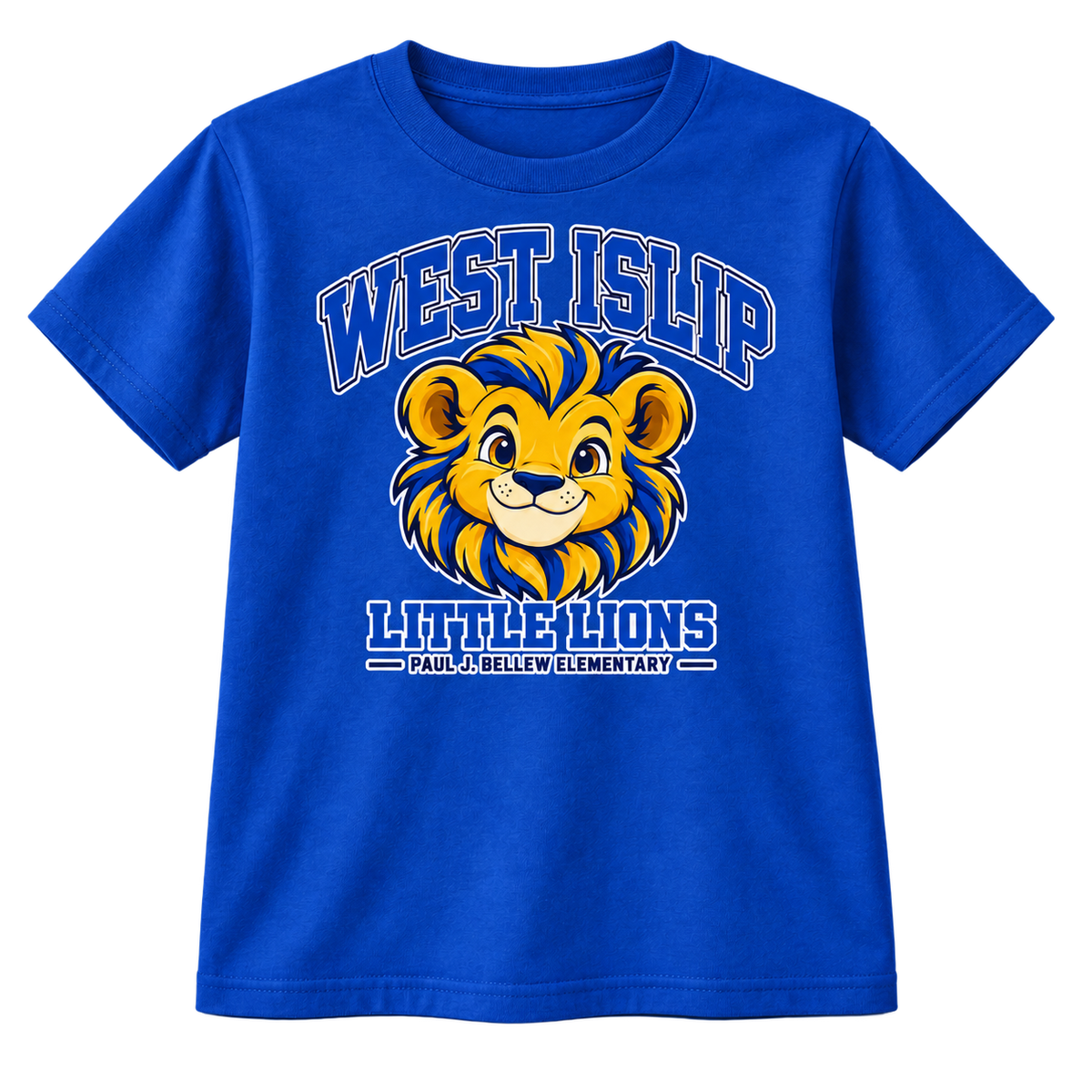 Paul J. Bellew Little Lions Youth T-Shirt in Royal with West Islip lion design, front view