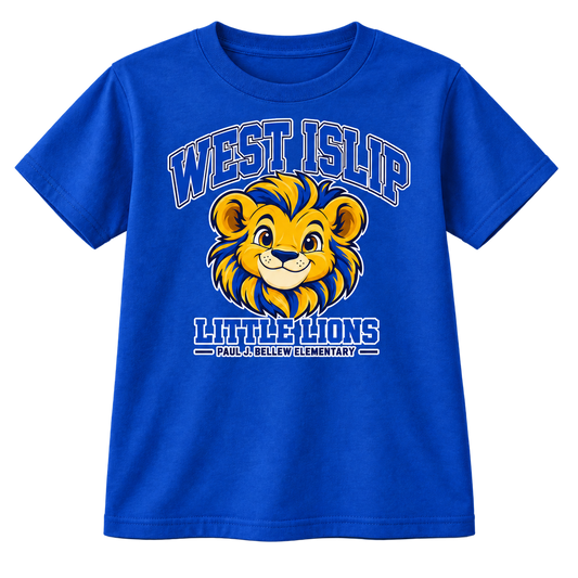 Paul J. Bellew Little Lions Youth T-Shirt in Royal with West Islip lion design, front view