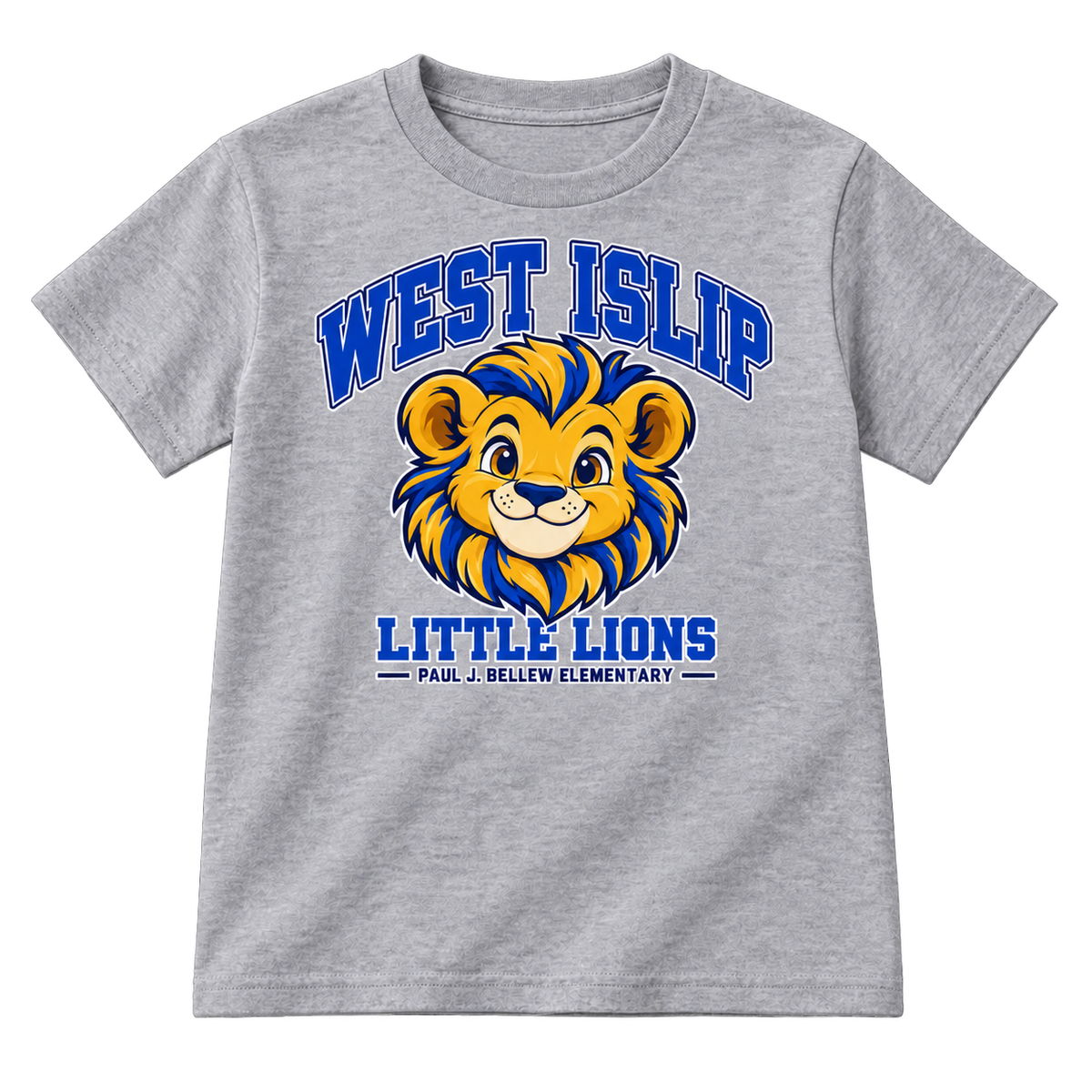 Paul J. Bellew Little Lions Youth T-Shirt in Sport Grey with West Islip lion design, front view