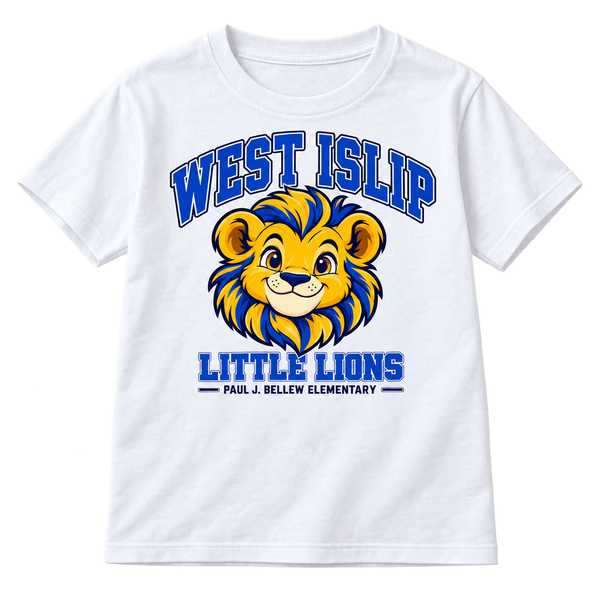 Paul J. Bellew Little Lions Youth T-Shirt in White with West Islip lion design, front view