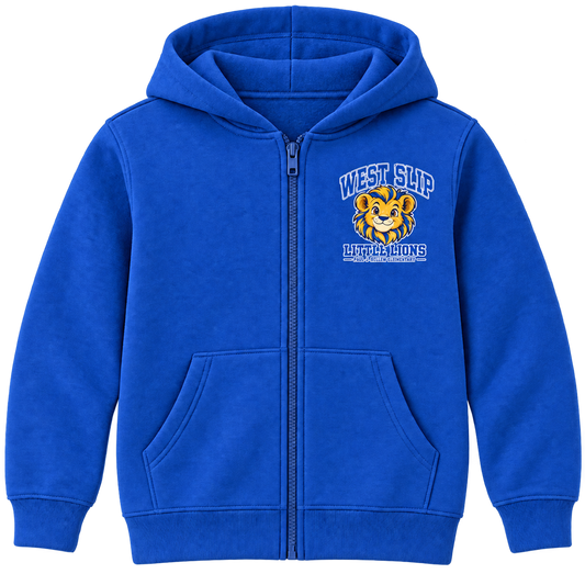 Paul J. Bellew Little Lions Youth Zip-Up Hoodie in Royal with West Islip lion design, front view