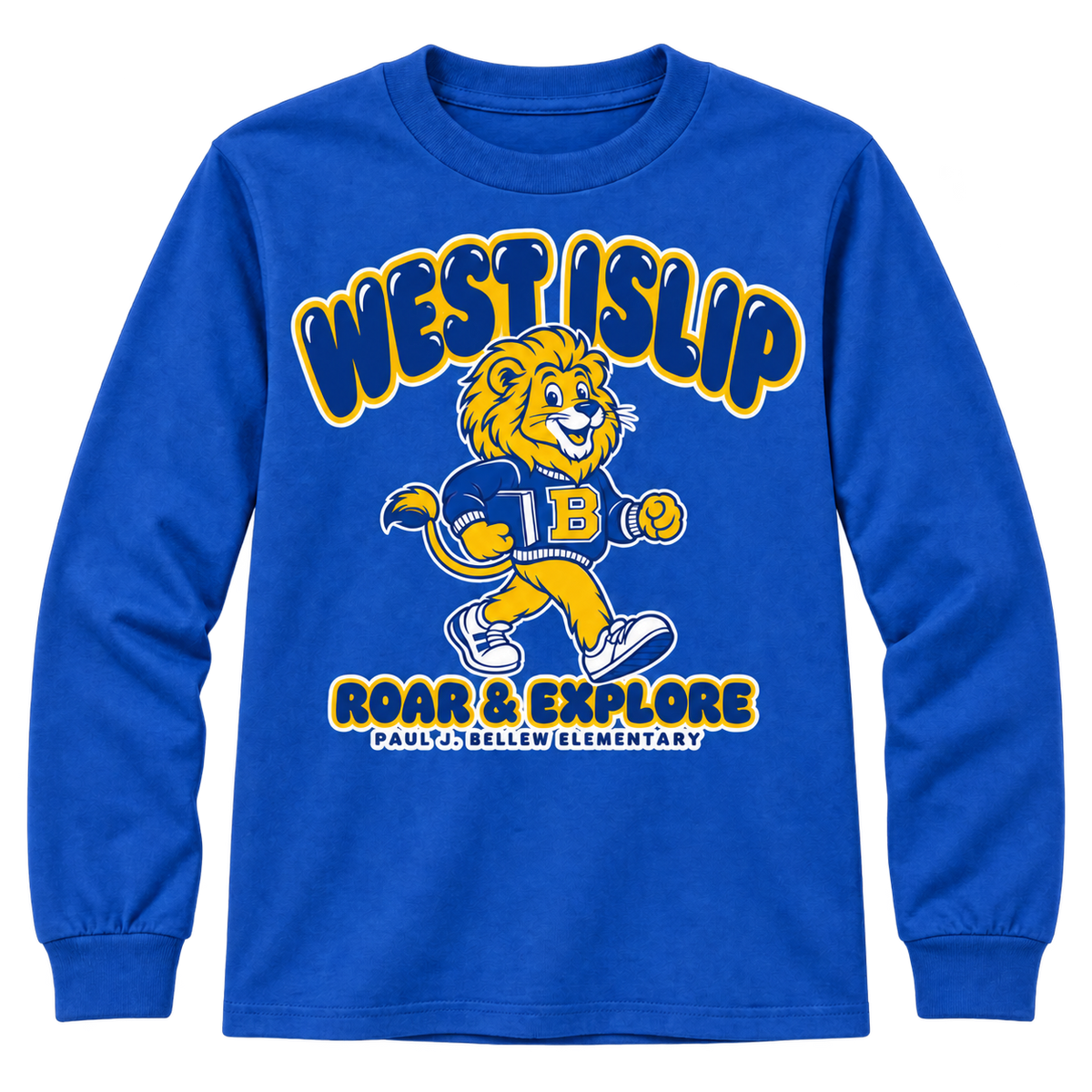 Paul J. Bellew Roar & Explore Youth Long Sleeve in Royal with West Islip lion design, front view