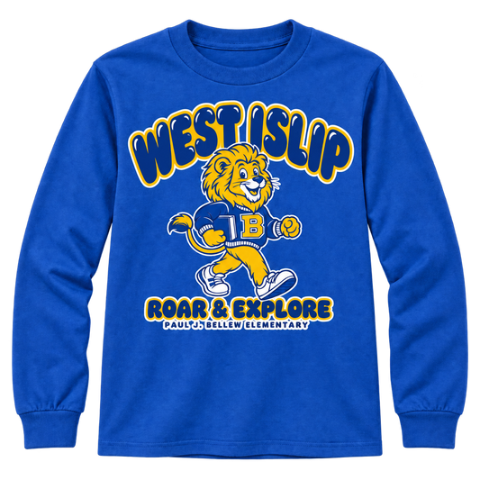 Paul J. Bellew Roar & Explore Youth Long Sleeve in Royal with West Islip lion design, front view
