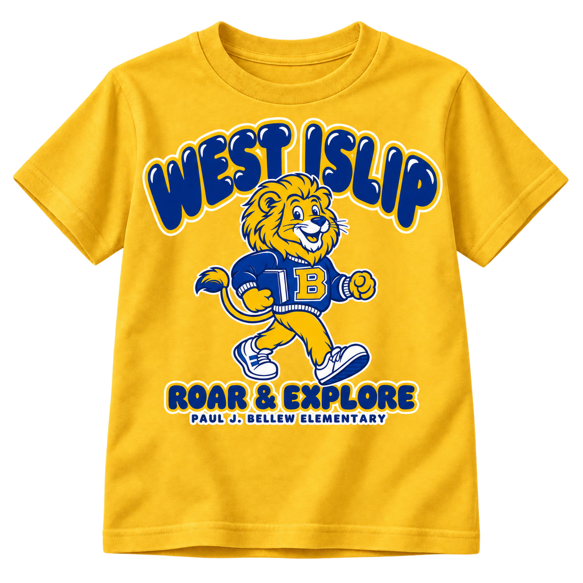 Paul J. Bellew Roar & Explore Youth T-Shirt in Gold with West Islip lion design, front view