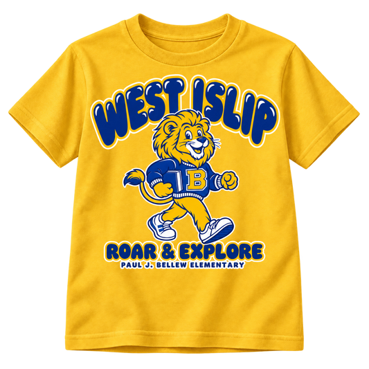 Paul J. Bellew Roar & Explore Youth T-Shirt in Gold with West Islip lion design, front view