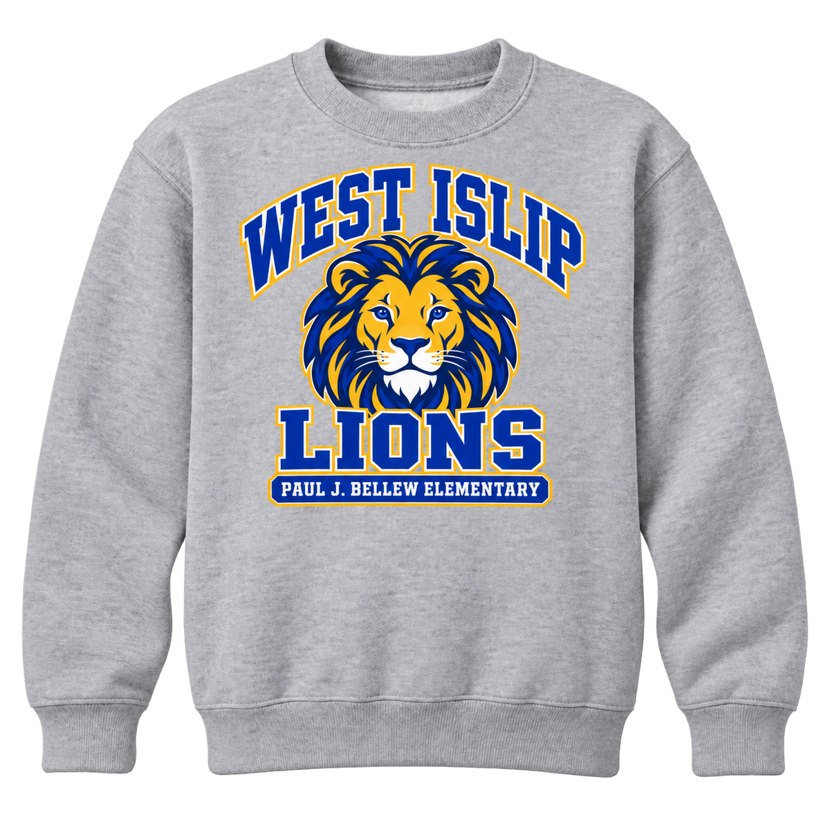 Paul J. Bellew Varsity Pride Youth Crewneck in Sport Grey with West Islip lion design, front view