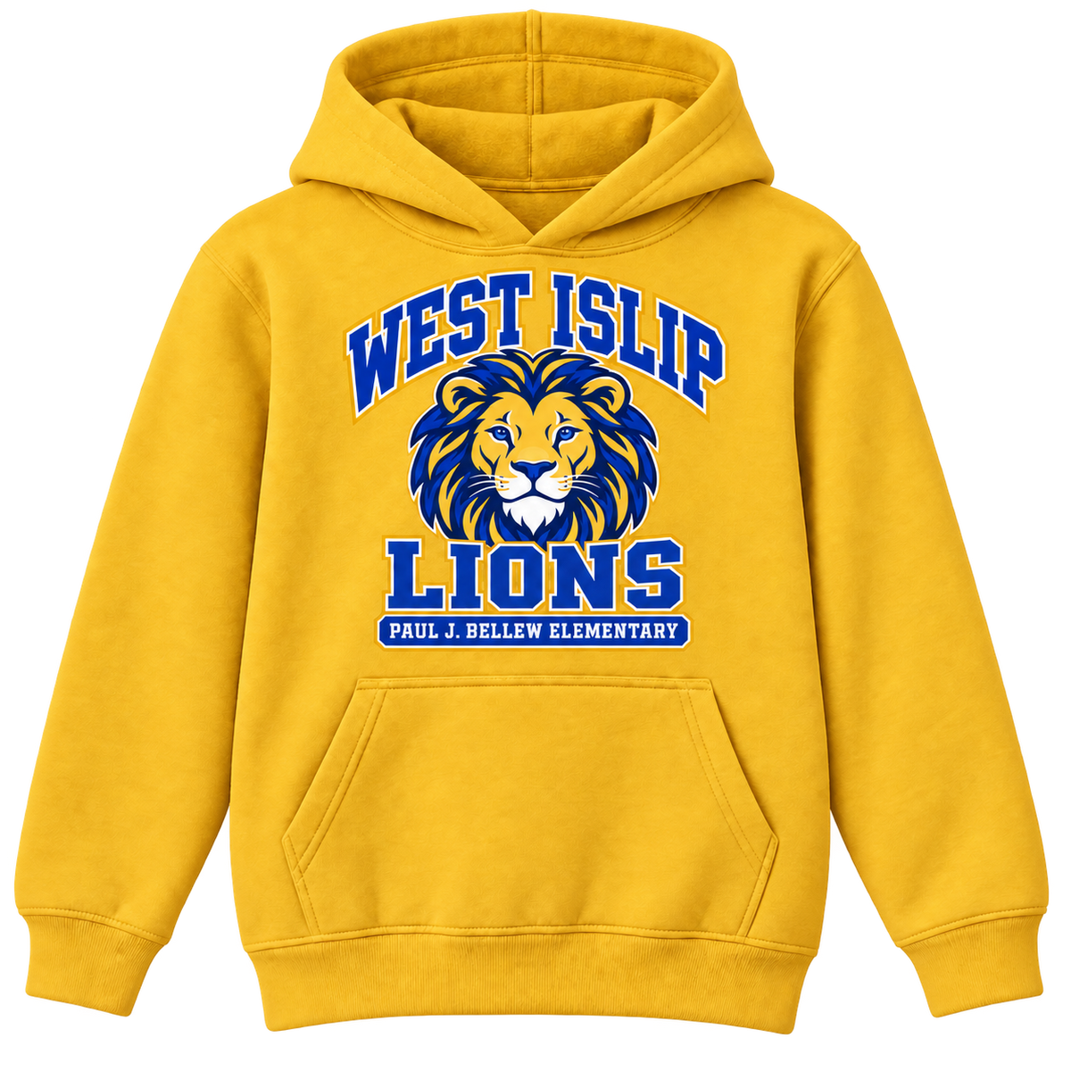 Paul J. Bellew Varsity Pride Youth Hoodie in Gold with West Islip lion design, front view