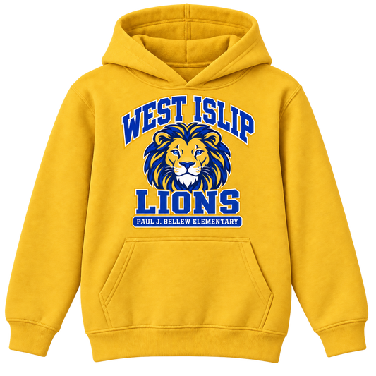 Paul J. Bellew Varsity Pride Youth Hoodie in Gold with West Islip lion design, front view