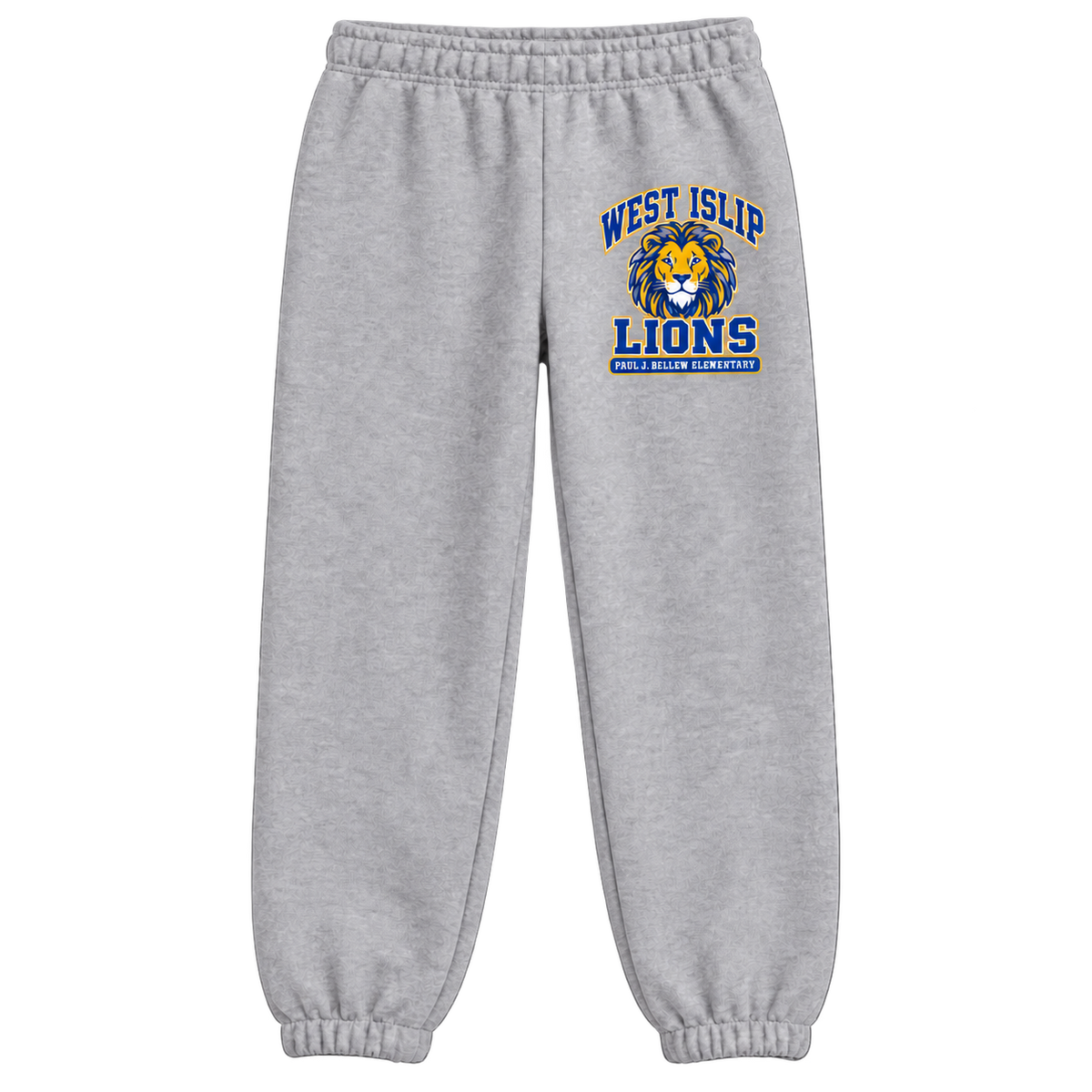 Paul J. Bellew Varsity Pride Youth Sweatpants in Athletic Heather with West Islip lion design, front view