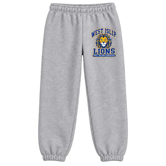 Paul J. Bellew Varsity Pride Youth Sweatpants in Athletic Heather with West Islip lion design, front view