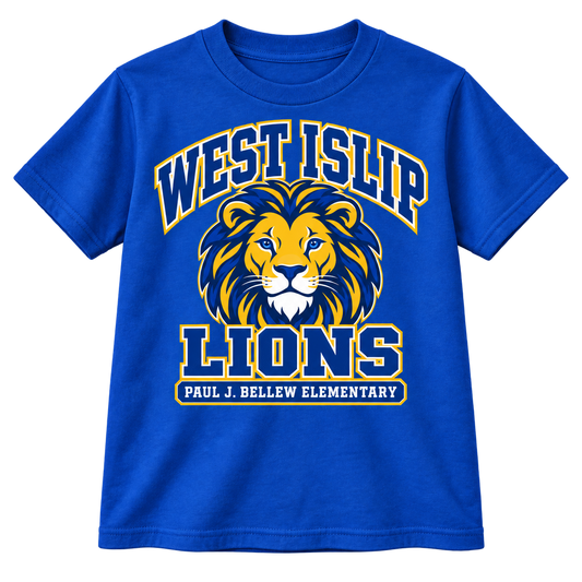 Paul J. Bellew Varsity Pride Youth T-Shirt in Royal with West Islip lion design, front view