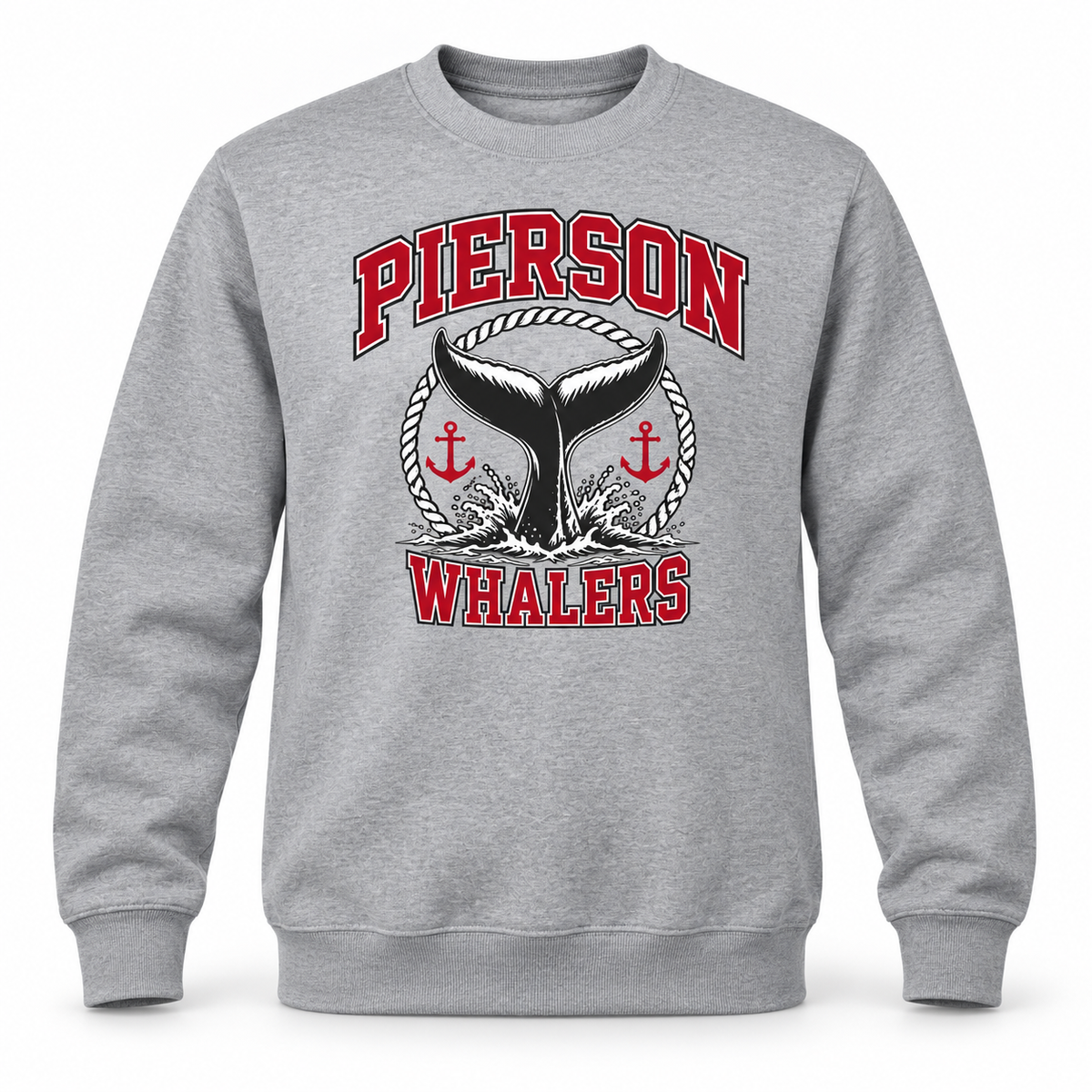 Pierson Whalers heather gray crewneck sweatshirt with red lettering and nautical crest