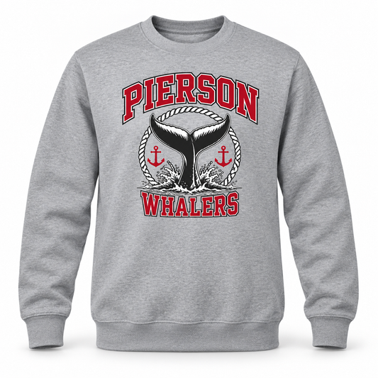 Pierson Whalers heather gray crewneck sweatshirt with red lettering and nautical crest