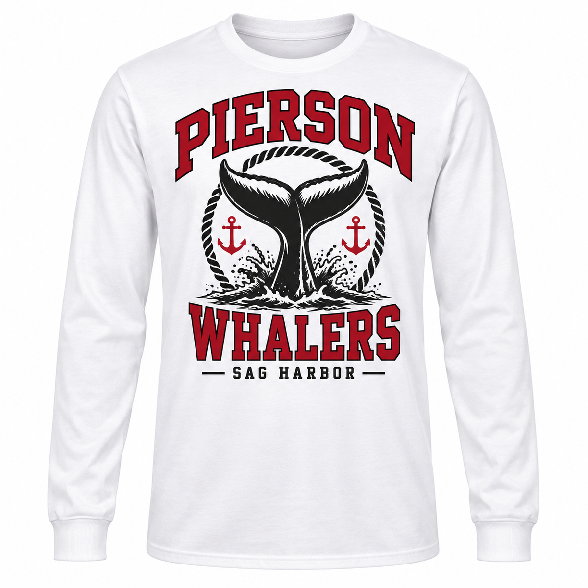 Pierson Whalers white long sleeve tee with red and black nautical front print