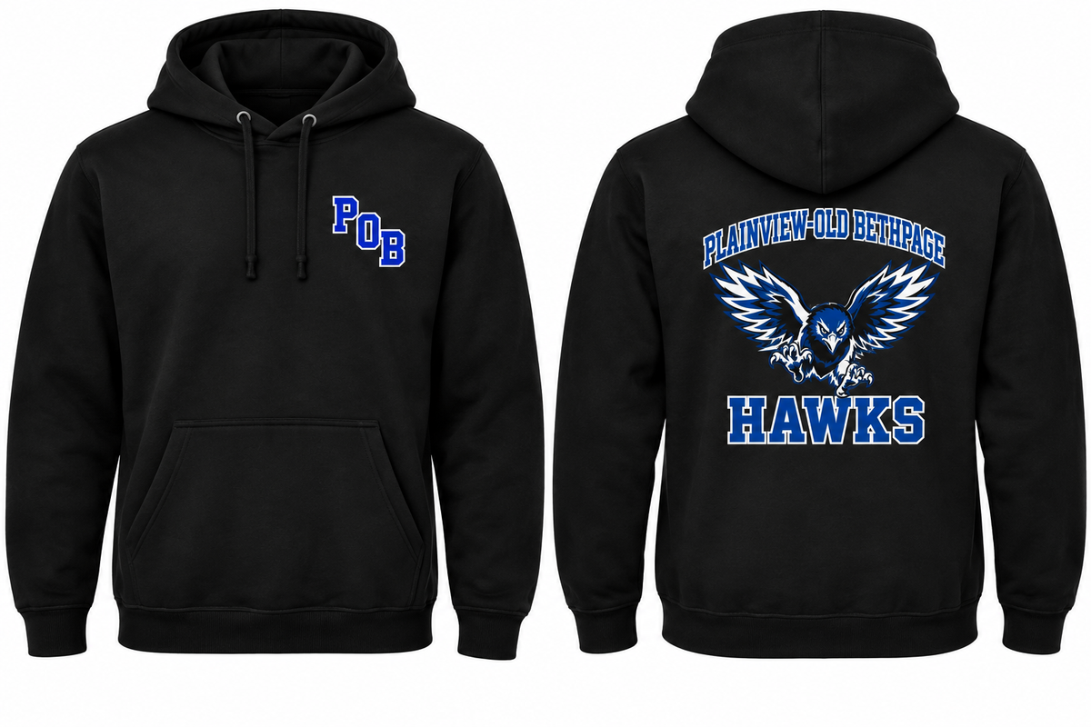 PLAINVIEW-OLD BETHPAGE HAWKS black hoodie front and back