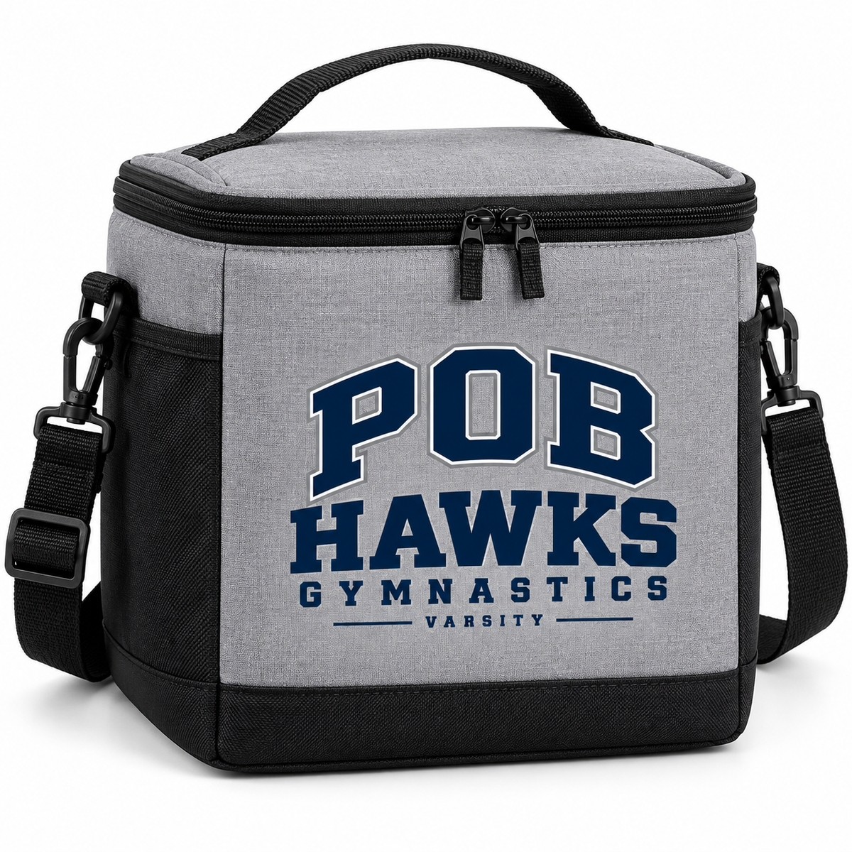 Gray Black POB Hawks Gymnastics Zippered Lunch Cooler design mockup