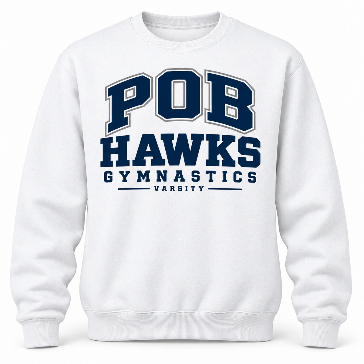 White POB Hawks Gymnastics Varsity Crewneck Sweatshirt design mockup