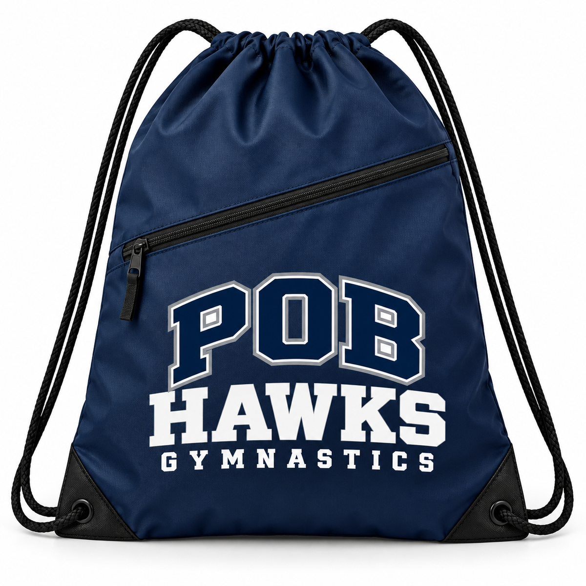 Navy POB Hawks Gymnastics Zip-Pocket Drawstring Bag design mockup