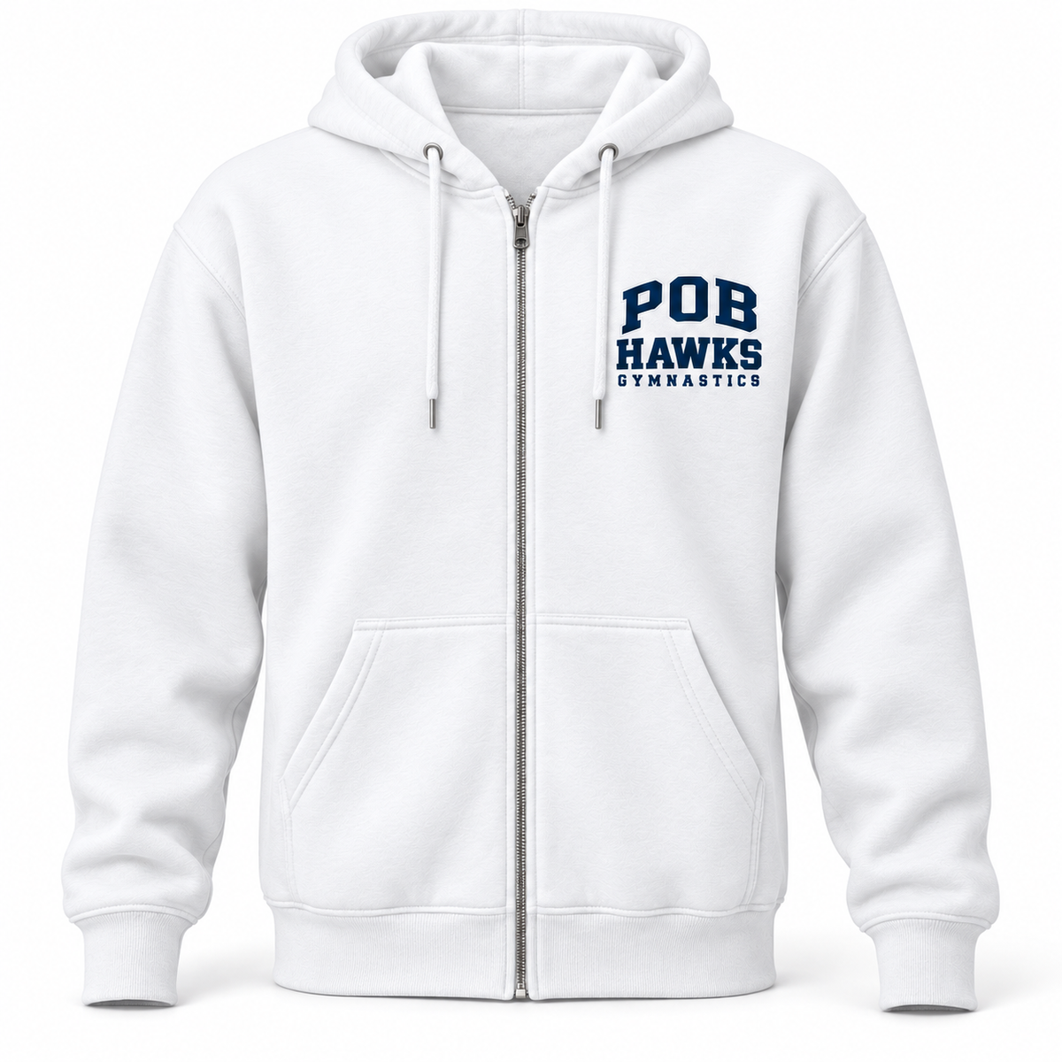 White POB Hawks Gymnastics Full-Zip Fleece Hoodie design mockup