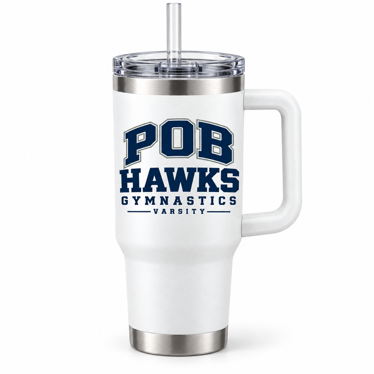 White POB Hawks Gymnastics 40 oz Handled Tumbler design mockup