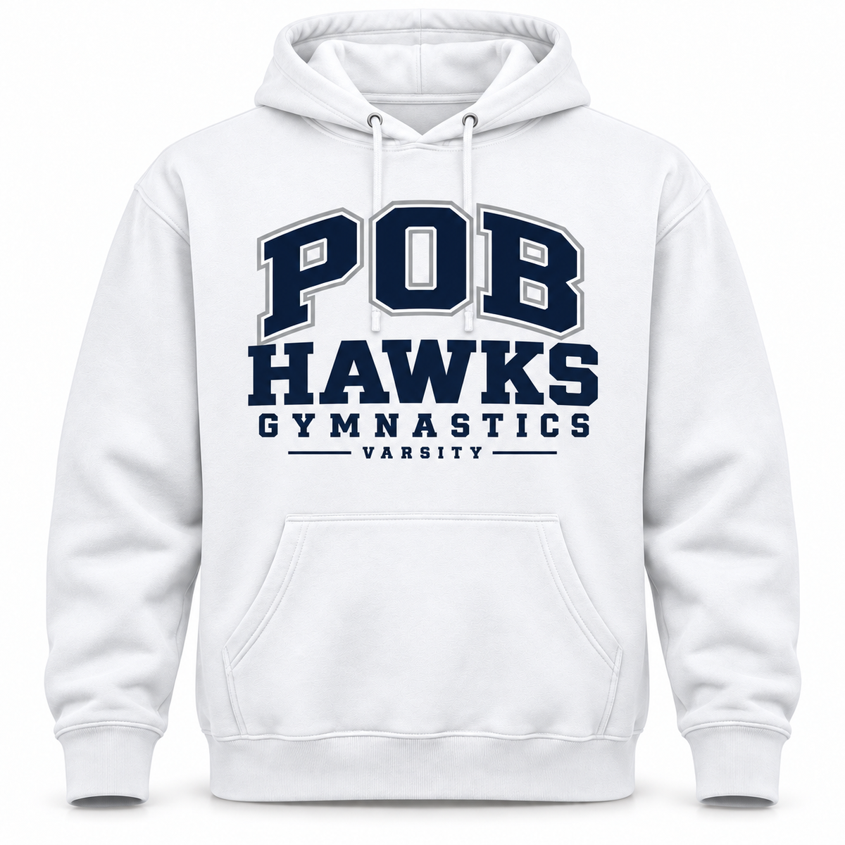 White POB Hawks Gymnastics Varsity Fleece Hoodie design mockup