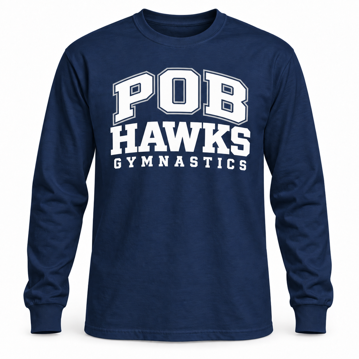 Navy POB Hawks Gymnastics Varsity Long-Sleeve Tee design mockup