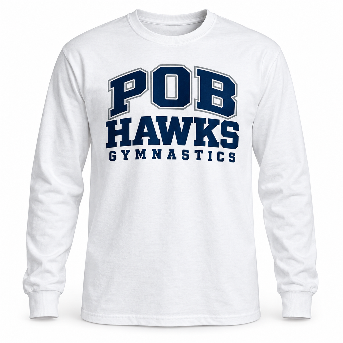 White POB Hawks Gymnastics Varsity Long-Sleeve Tee design mockup