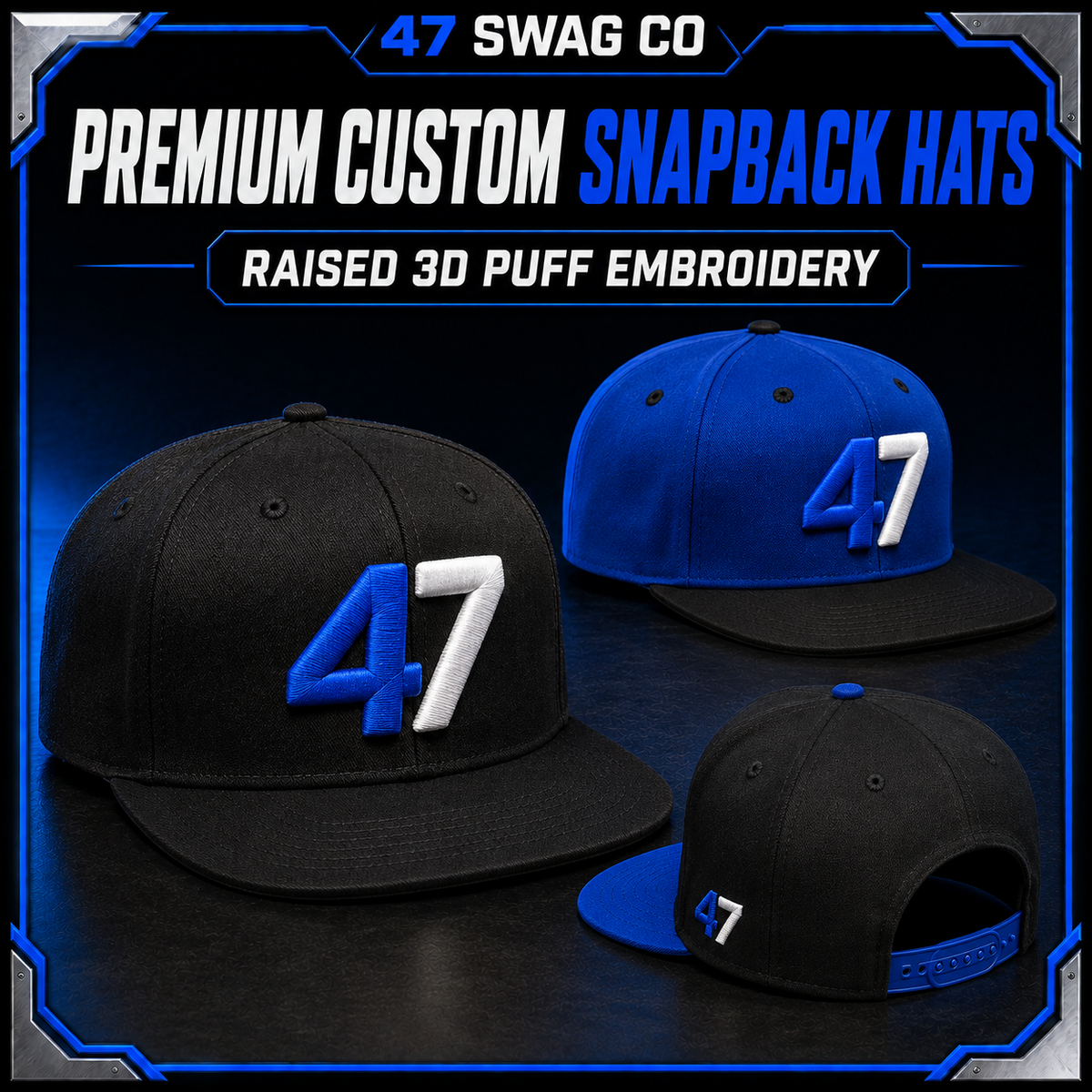 Premium Custom Snapback Hats — Raised / 3D Puff Embroidery