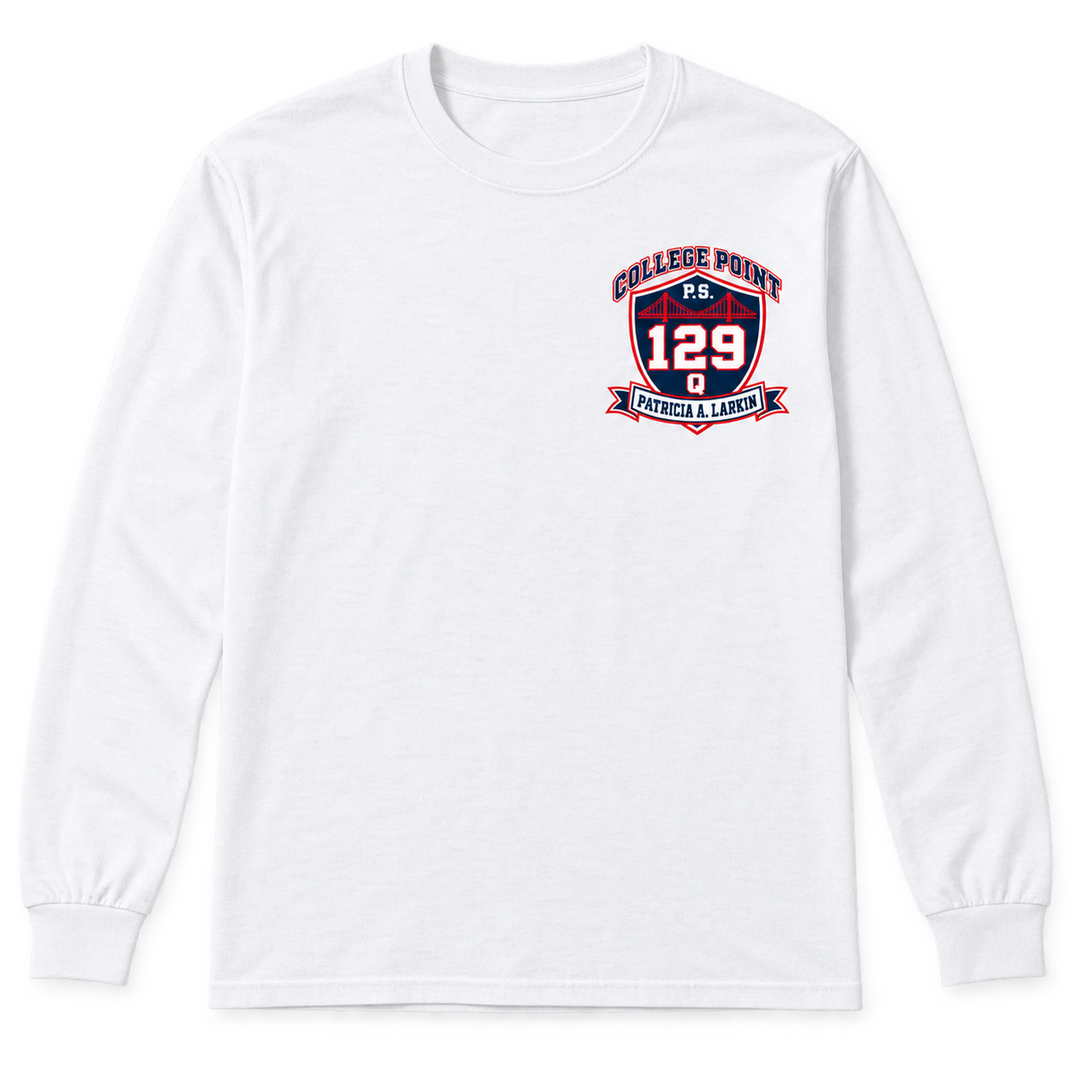 P.S. 129Q Adult Long Sleeve – College Point Bridge Crest in White