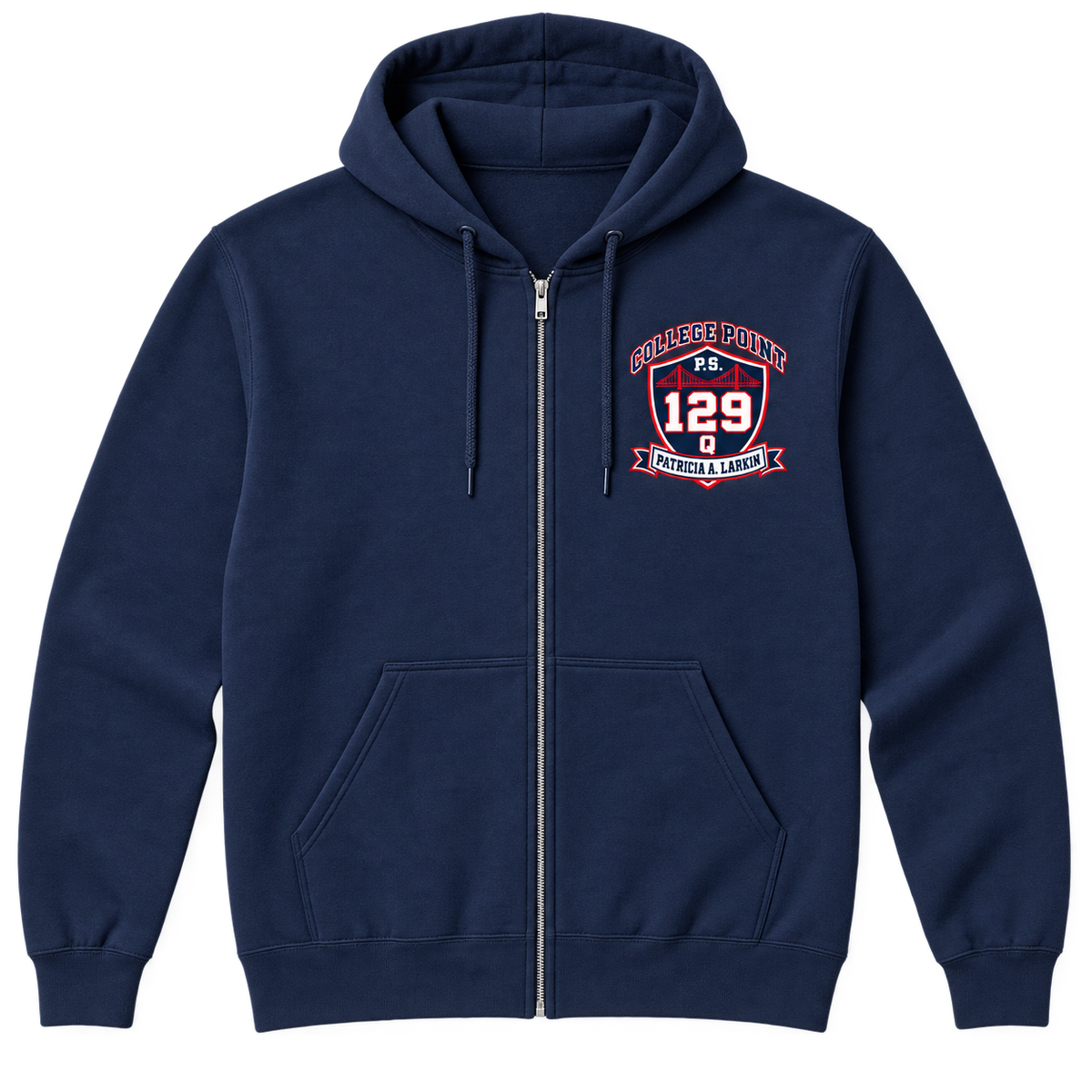 P.S. 129Q Adult Zip-Up Hoodie – College Point Bridge Crest in Navy