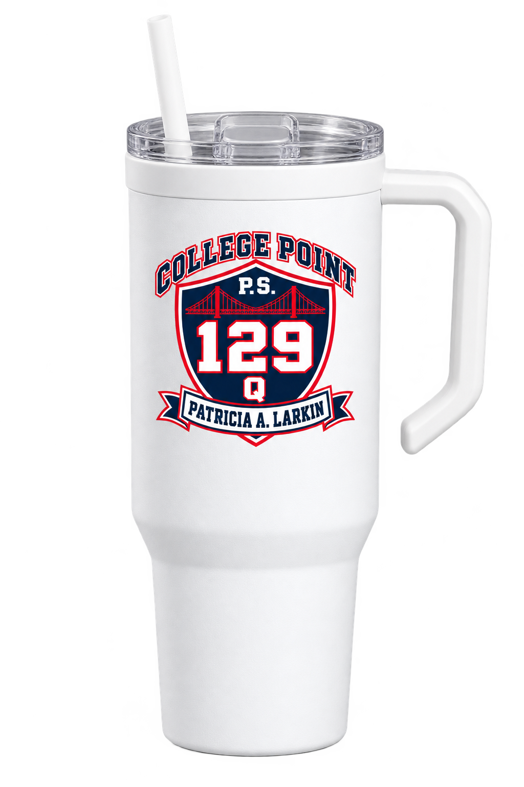 P.S. 129Q 40oz Handled Tumbler – College Point Bridge Crest in White