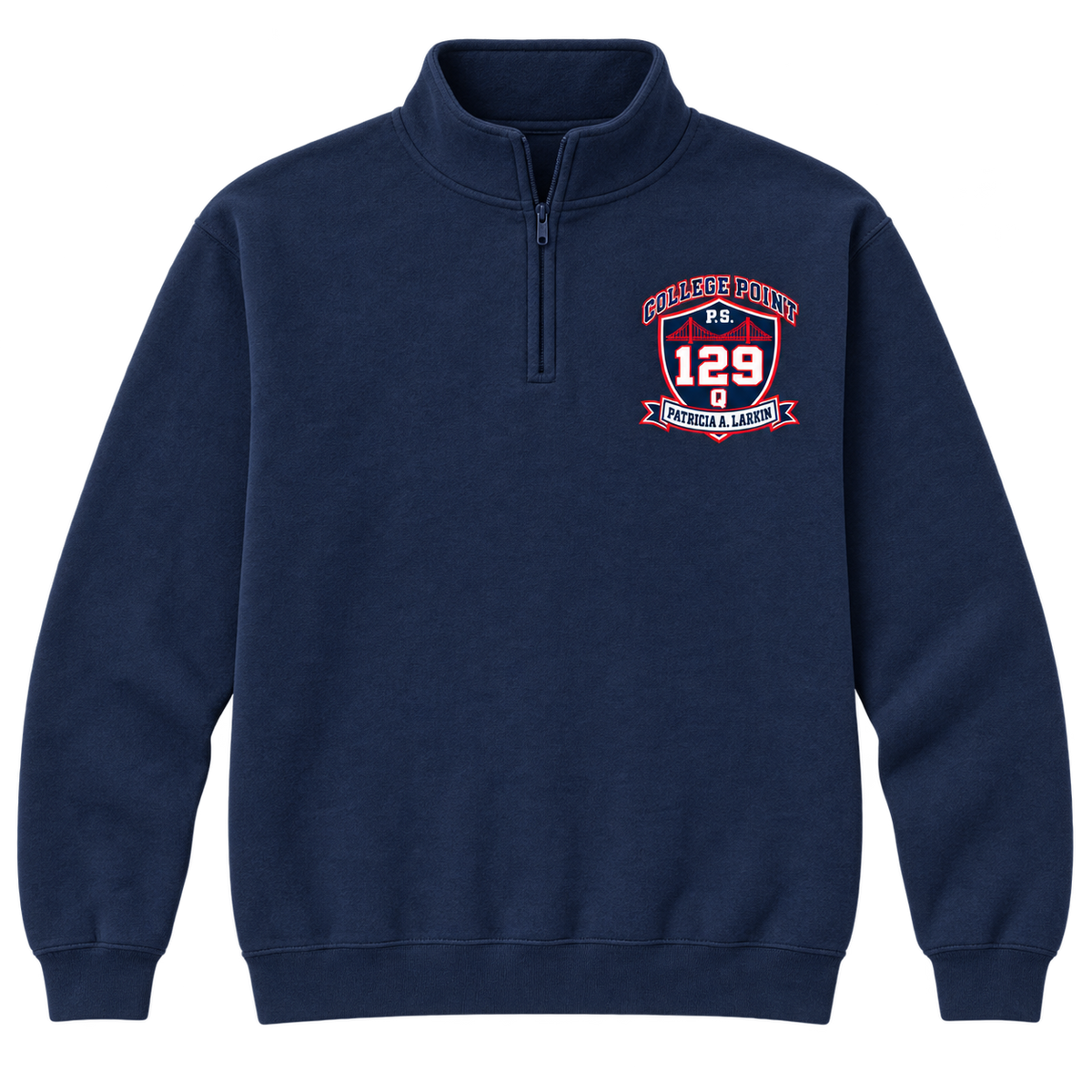 P.S. 129Q Adult Quarter-Zip – College Point Bridge Crest in Navy