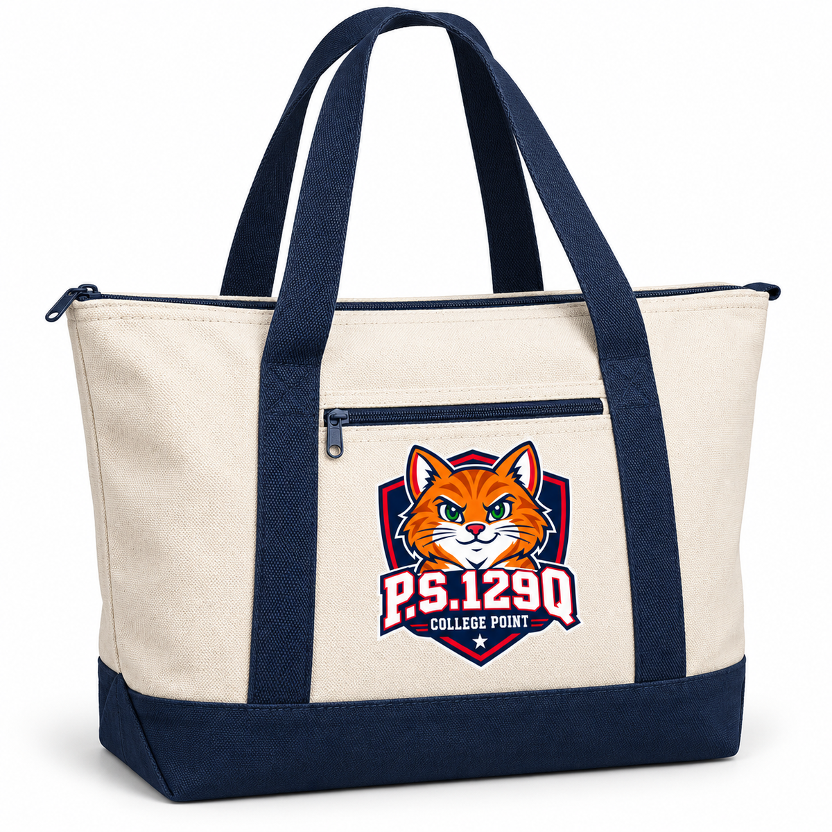 P.S. 129Q Canvas Double-Zip Tote in Natural / Navy