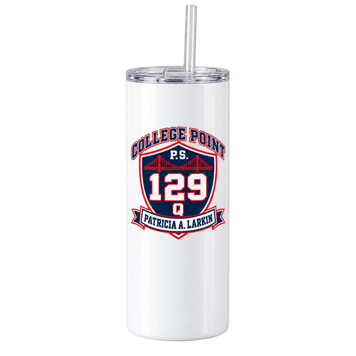 P.S. 129Q 20oz Skinny Tumbler – College Point Bridge Crest in White