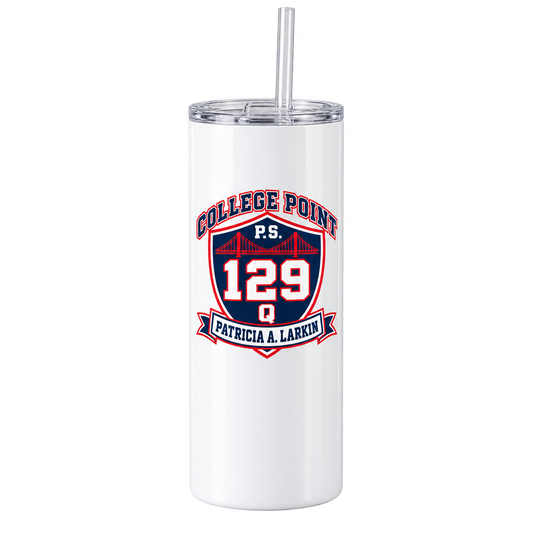 P.S. 129Q 20oz Skinny Tumbler – College Point Bridge Crest in White