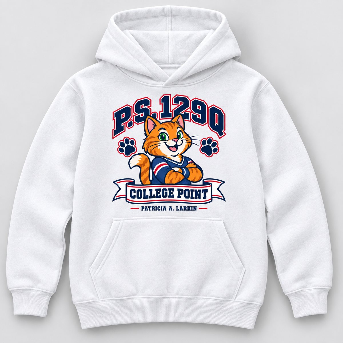 P.S. 129Q Patricia A. Larkin youth hoodie in White with College Point cat graphic