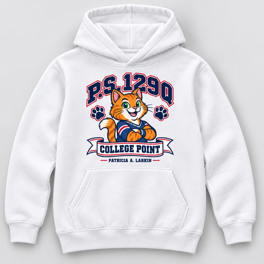 P.S. 129Q Patricia A. Larkin youth hoodie in White with College Point cat graphic