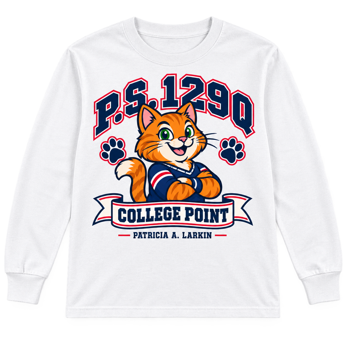 P.S. 129Q youth long-sleeve T-shirt in White with original College Point cat design