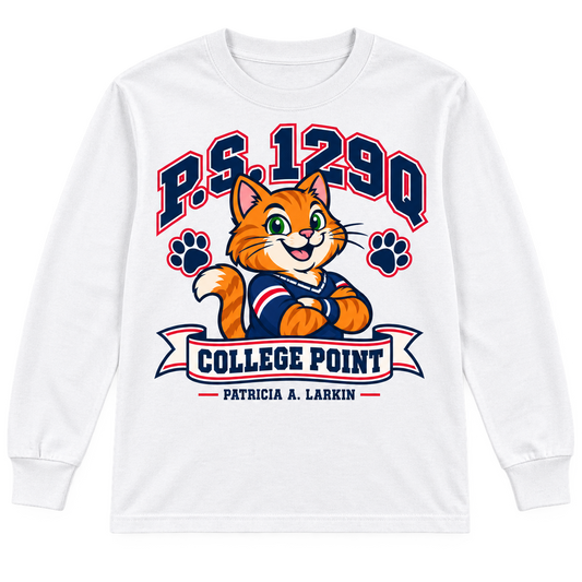 P.S. 129Q youth long-sleeve T-shirt in White with original College Point cat design