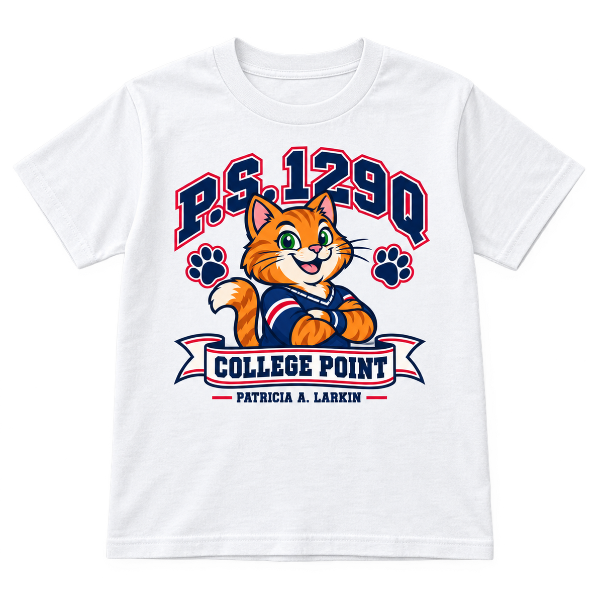 P.S. 129Q youth T-shirt in White with original College Point cat design