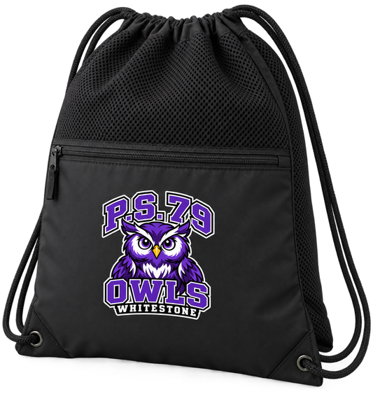 P.S. 79 Owls Polyester Zippered Cinch Bag in Black