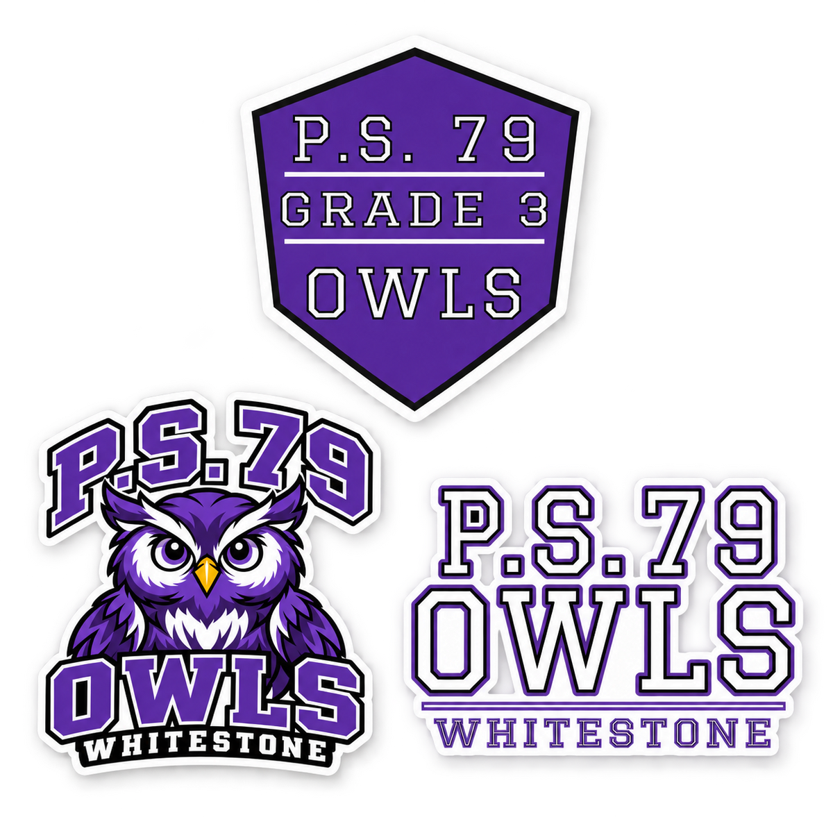 P.S. 79 Owls Grade 3 3-Piece Sticker Pack in Purple / Black / White