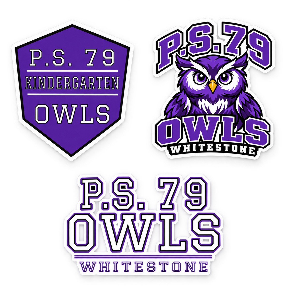 P.S. 79 Owls Kindergarten 3-Piece Sticker Pack in Purple / Black / White