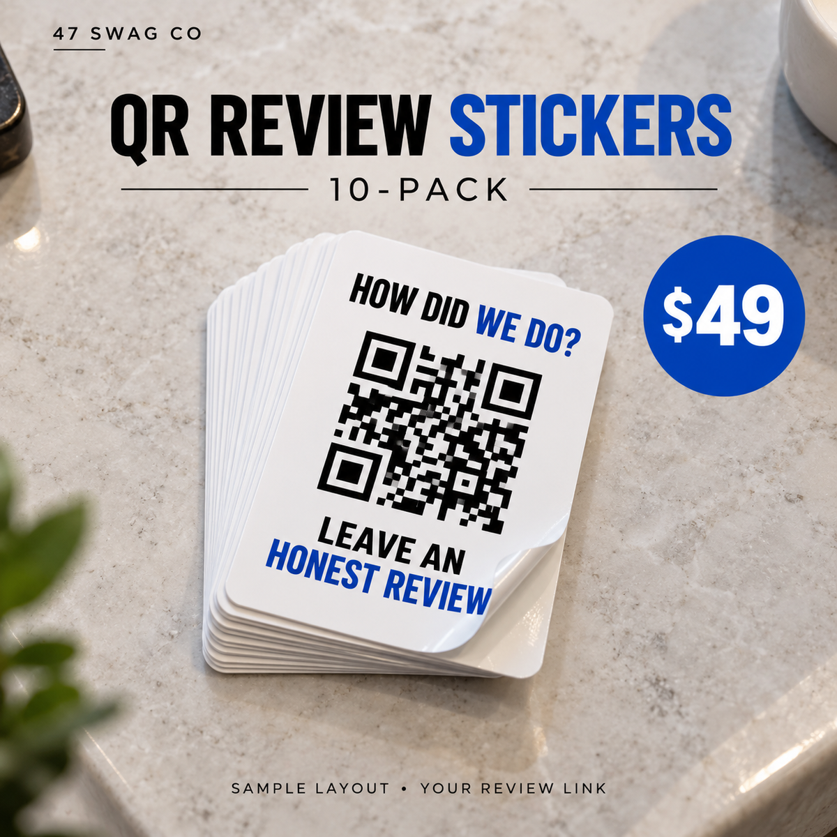Custom QR Review Stickers — 10-Pack for Business Counters — sample personalized design, from $49