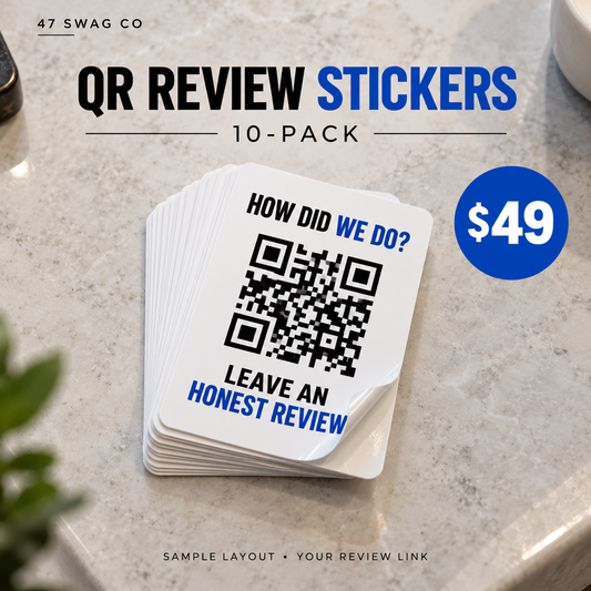 Custom QR Review Stickers — 10-Pack for Business Counters — sample personalized design, from $49