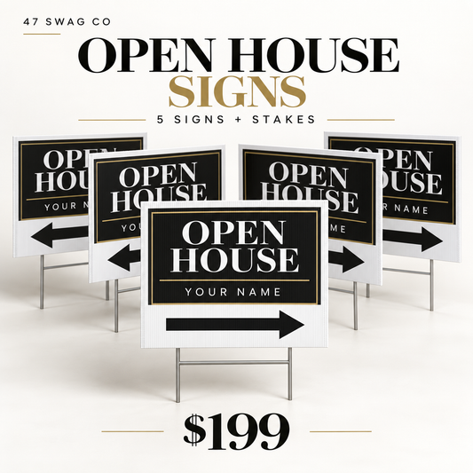 Custom Open House Directional Signs — 5-Pack with Stakes — sample personalized design, from $199