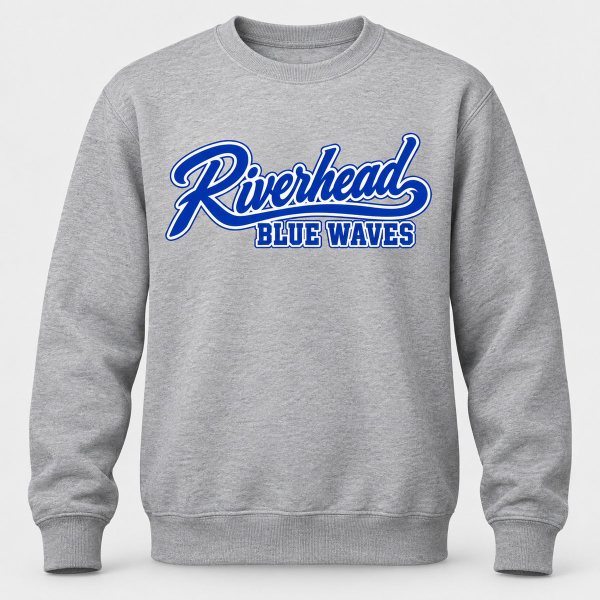 Riverhead Blue Waves baseball script on a heather gray crewneck sweatshirt, front design preview