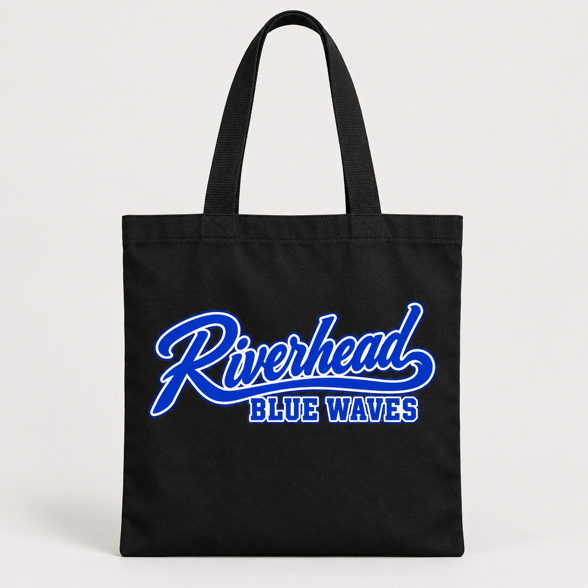 Riverhead Blue Waves baseball script on a black Q-Tees Q800 canvas tote