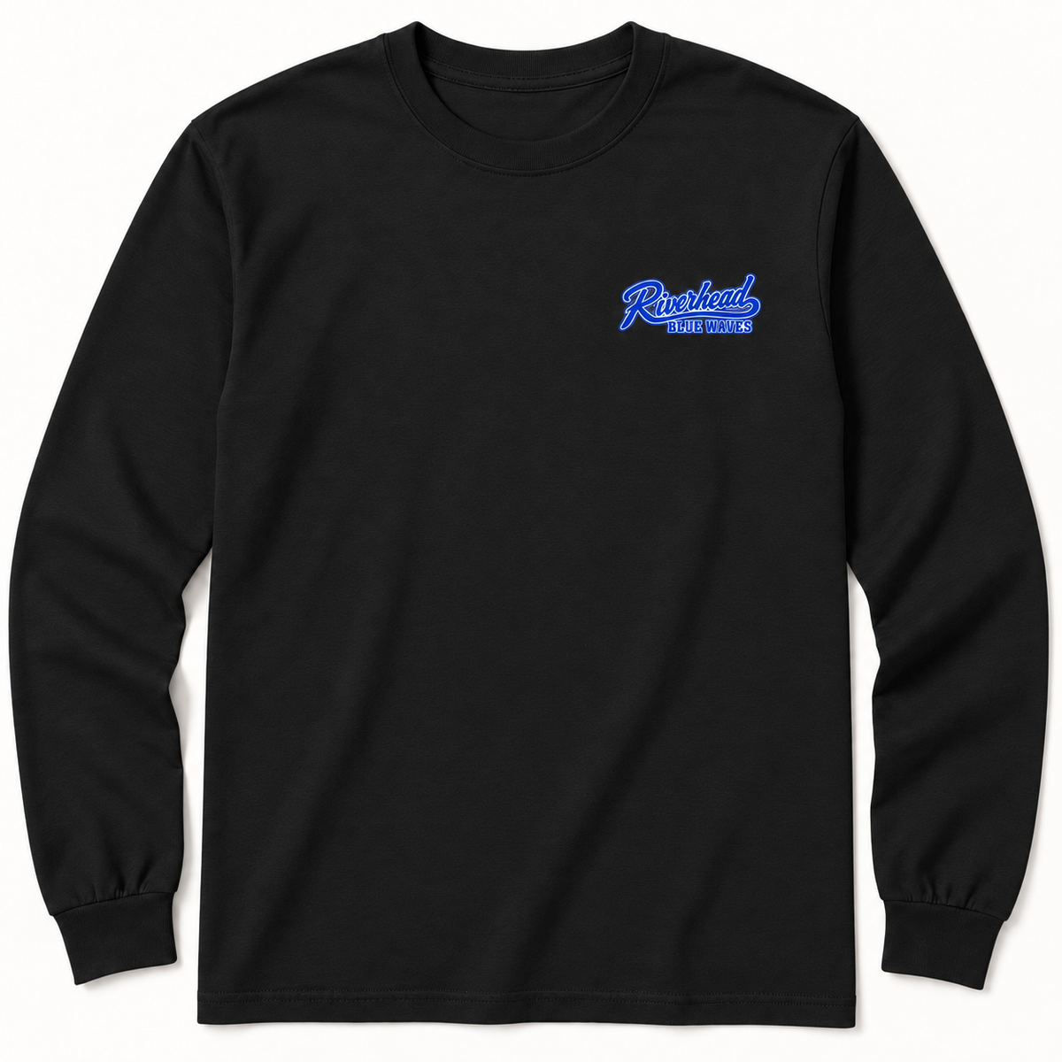 Riverhead Blue Waves Black long-sleeve tee with small baseball-script left-chest print; front view