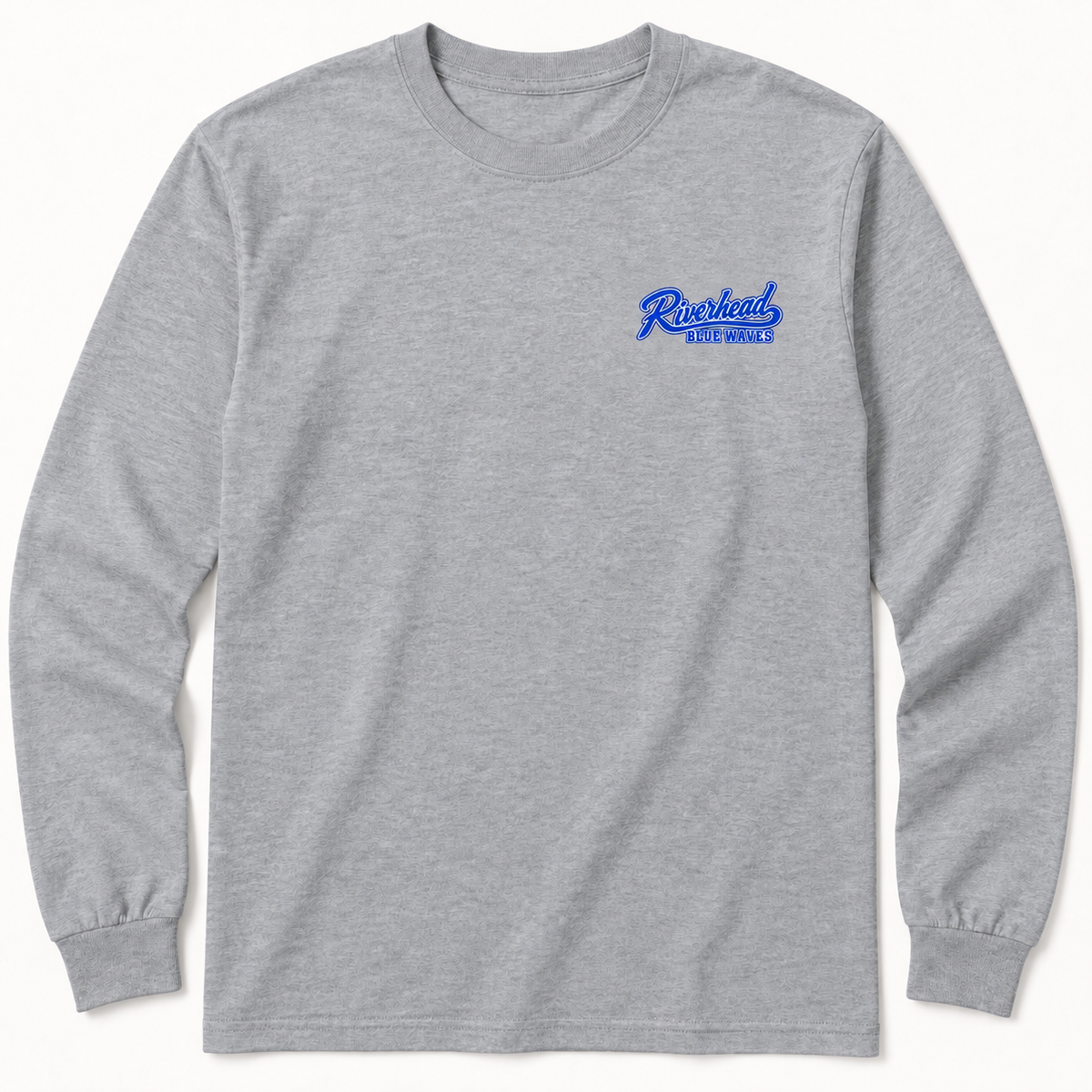 Riverhead Blue Waves Sport Grey long-sleeve tee with small baseball-script left-chest print; front view